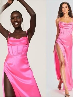 Retrofete Bright Pink Satin Cowl Corset Maxi Dress with High Slit